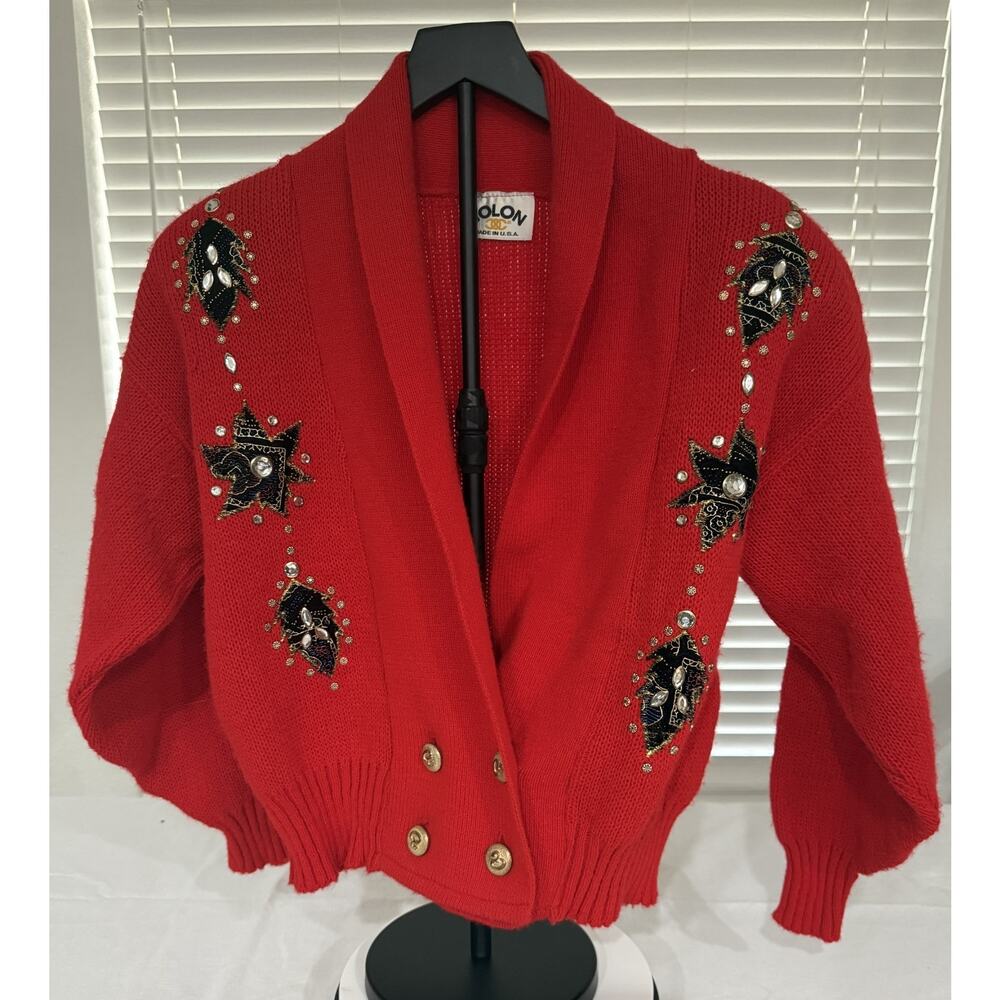Vintage COLON Red Embellished Knit Cardigan Vest USA Made Medium Beaded 80s